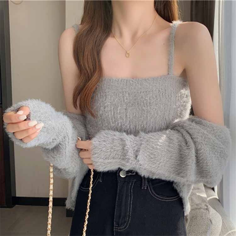 Two-piece Korean Women’s Winter Jacket Cardigan Autumn Camisole Knitted Vest With Long Sleeve Cardigan Women Sweater Suits alx