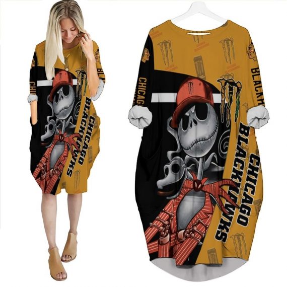 Jack Skellington Monster Energy Chicago Blackhawks 3D Batwing Pocket Dress Womens Oversized Loose Dress