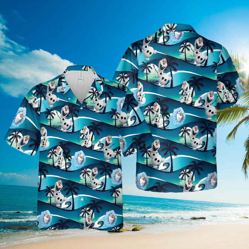 Happy Olaf Frozen Disney Cartoon Graphic All Over Print 3D Hawaiian Shirt - Navy