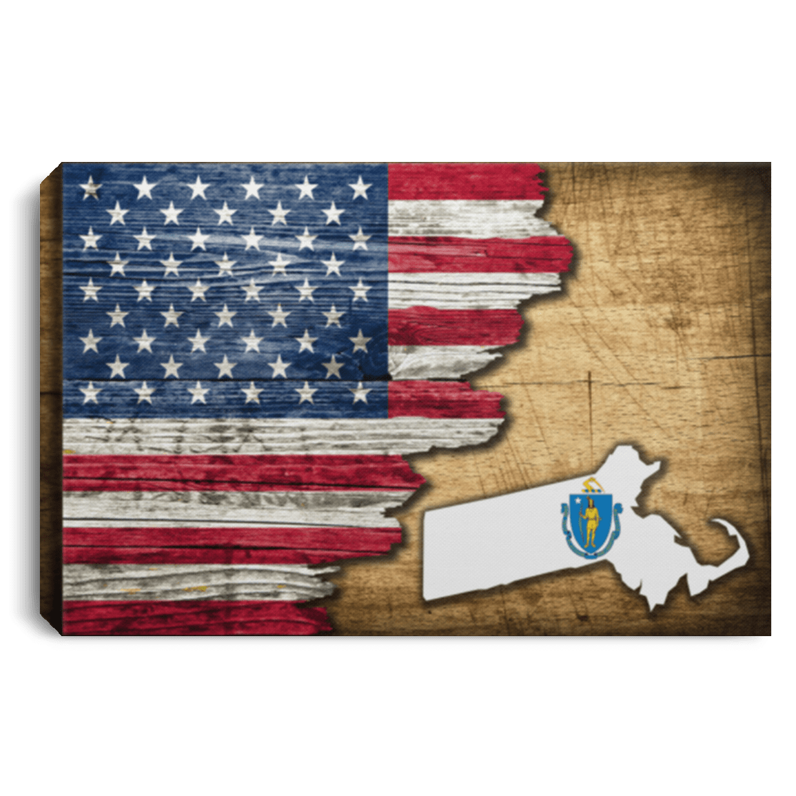 United States/Matssachusetts Flag Ripped Effect 12X8 Inches Landscape Canvas .75In Frame