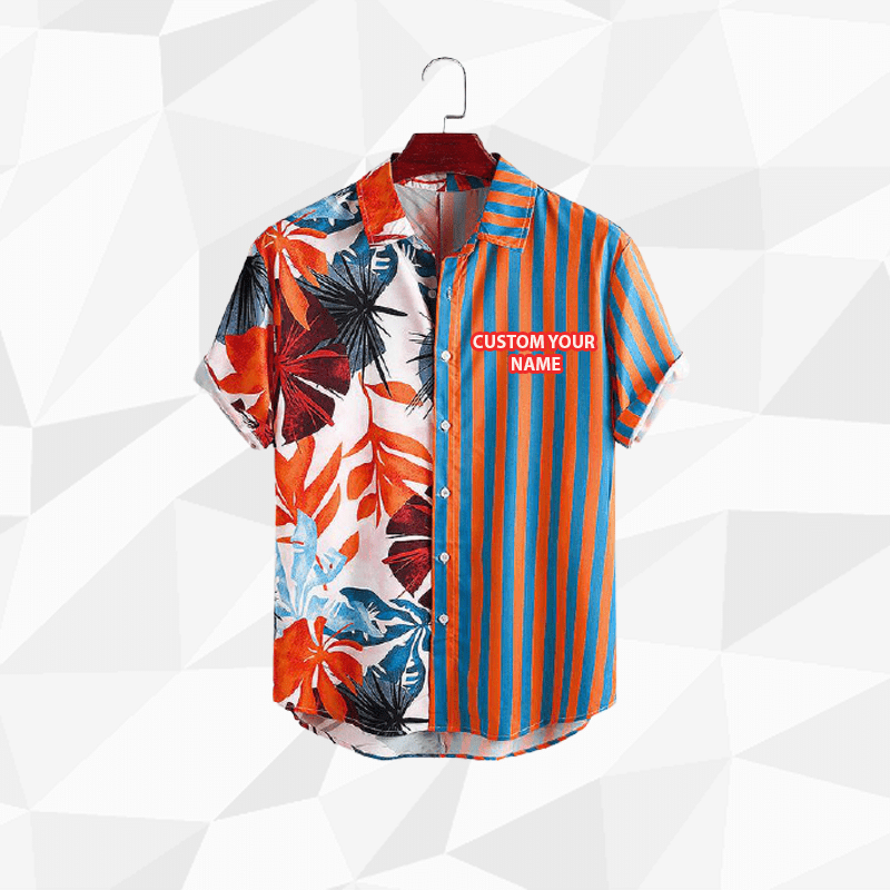 Beach Shirt Patch Striped Orange Leaf Summer Unisex Custom Name Hawaiian Aloha Shirts V