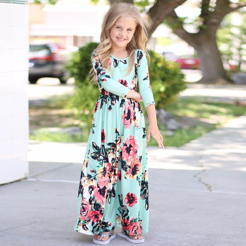 Autumn Kids Long Dresses for Girls Trend Bohemian Big Floral Print Dress Princess Casual Beach Party Clothing alx