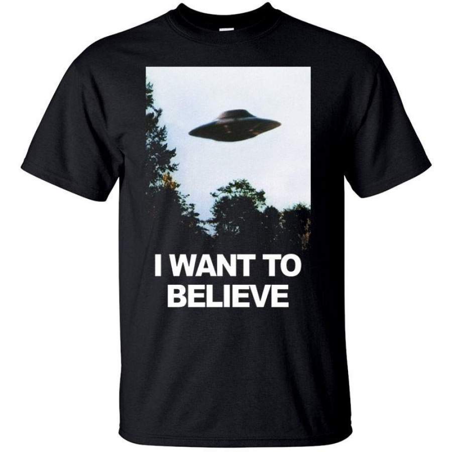 Mens I Want To Believe X-Files Poster Black T Shirt Round Neck Short Sleeves Tops Clothing