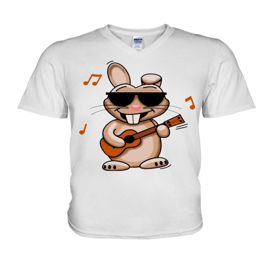 Rabbit Plays Ukulele Funny Design Gift For Ukulele Lovers Guys V-Neck