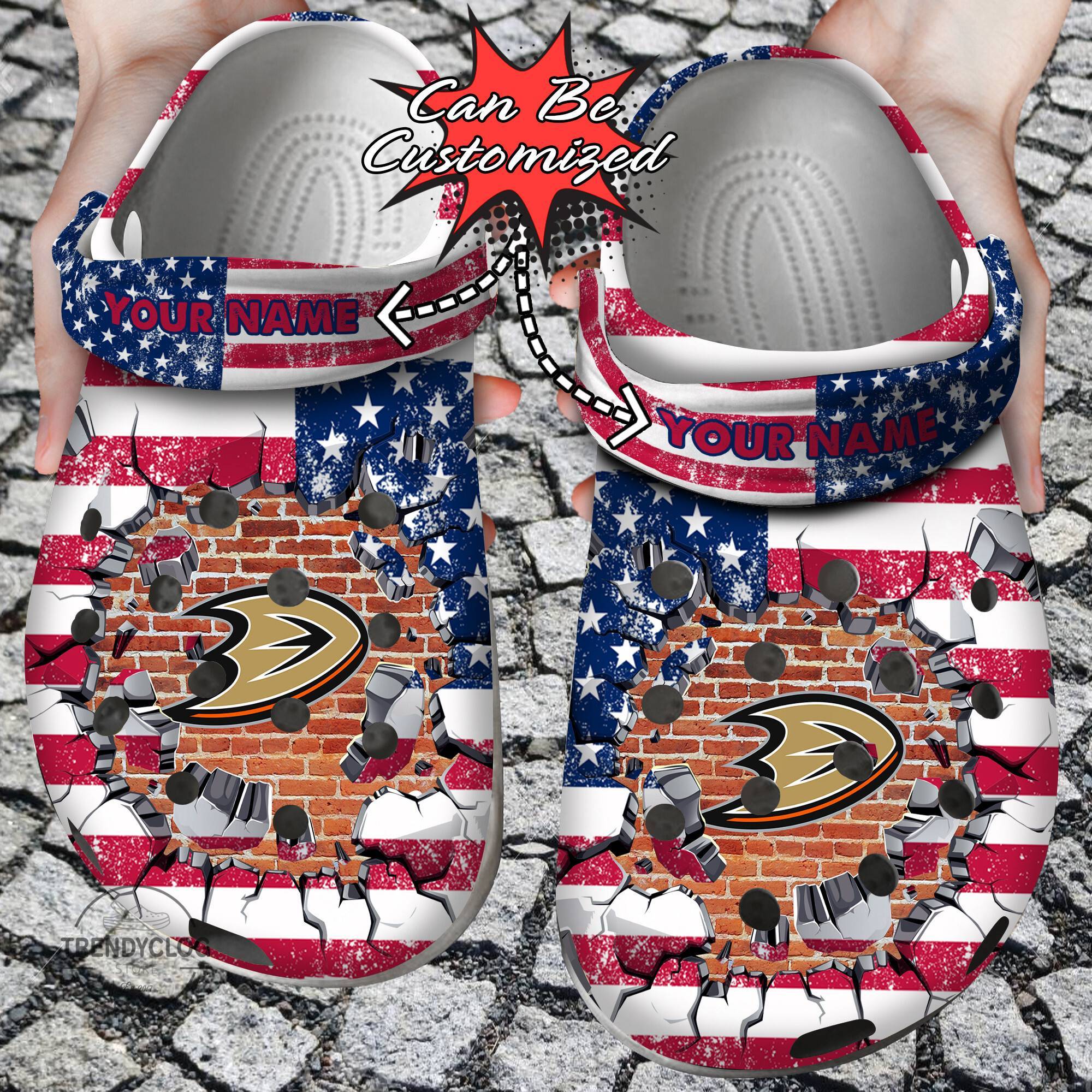 Hockey NHL Crocss Personalized ADucks American Flag Breaking Wall NHL Clog Shoes