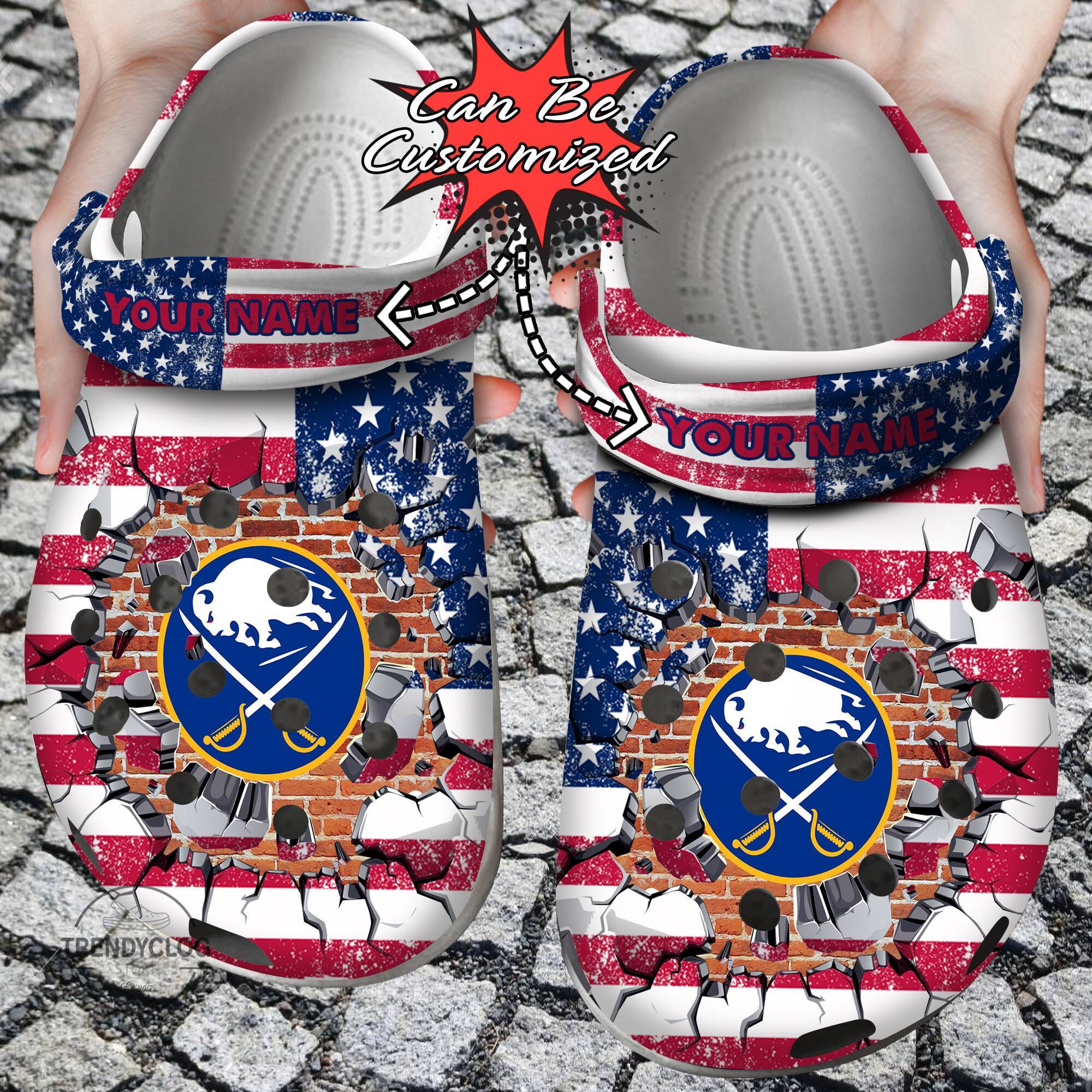 Hockey NHL Crocss Personalized BSabres American Flag Breaking Wall NHL Clog Shoes