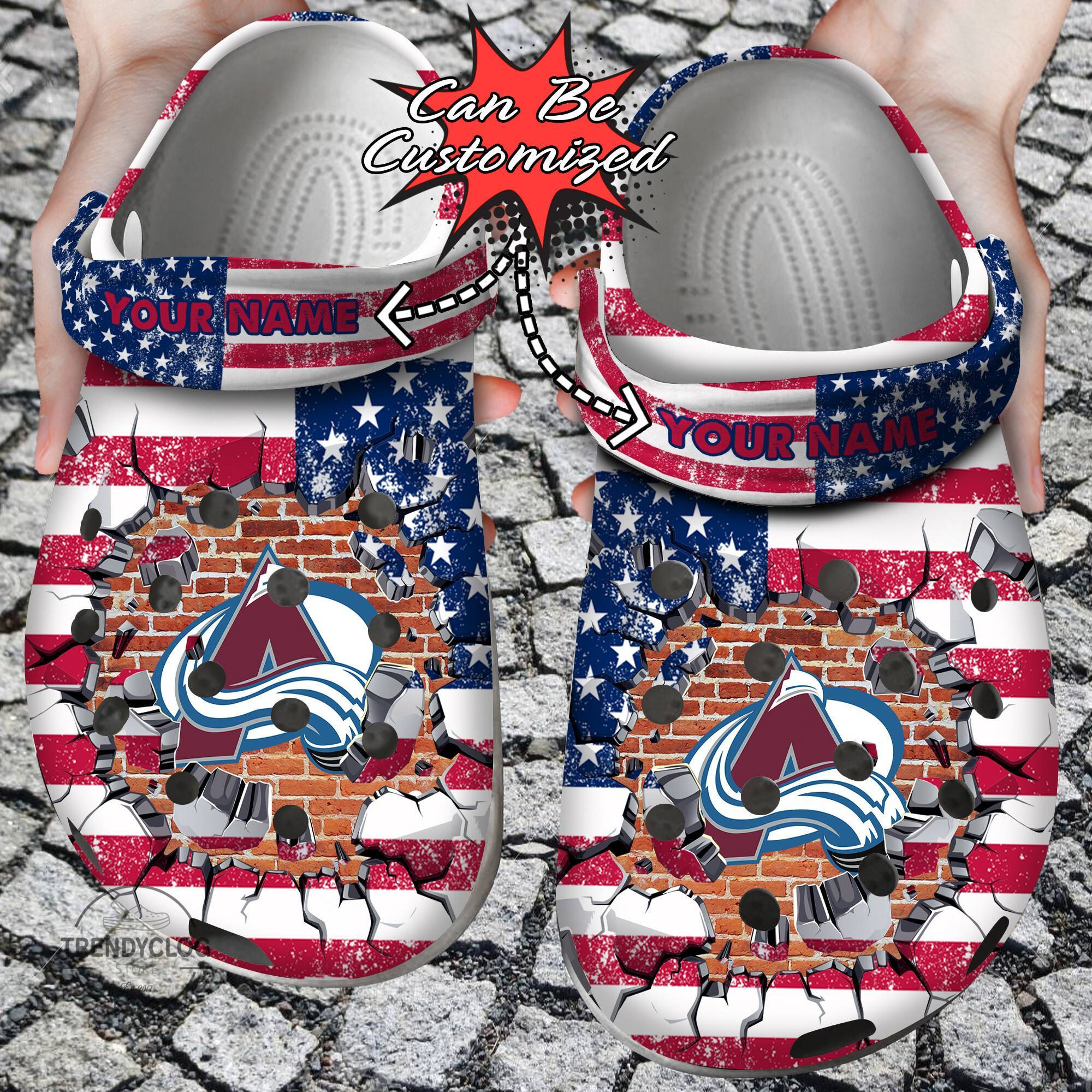 Hockey NHL Crocss Personalized CAvalanche American Flag Breaking Wall NHL Clog Shoes