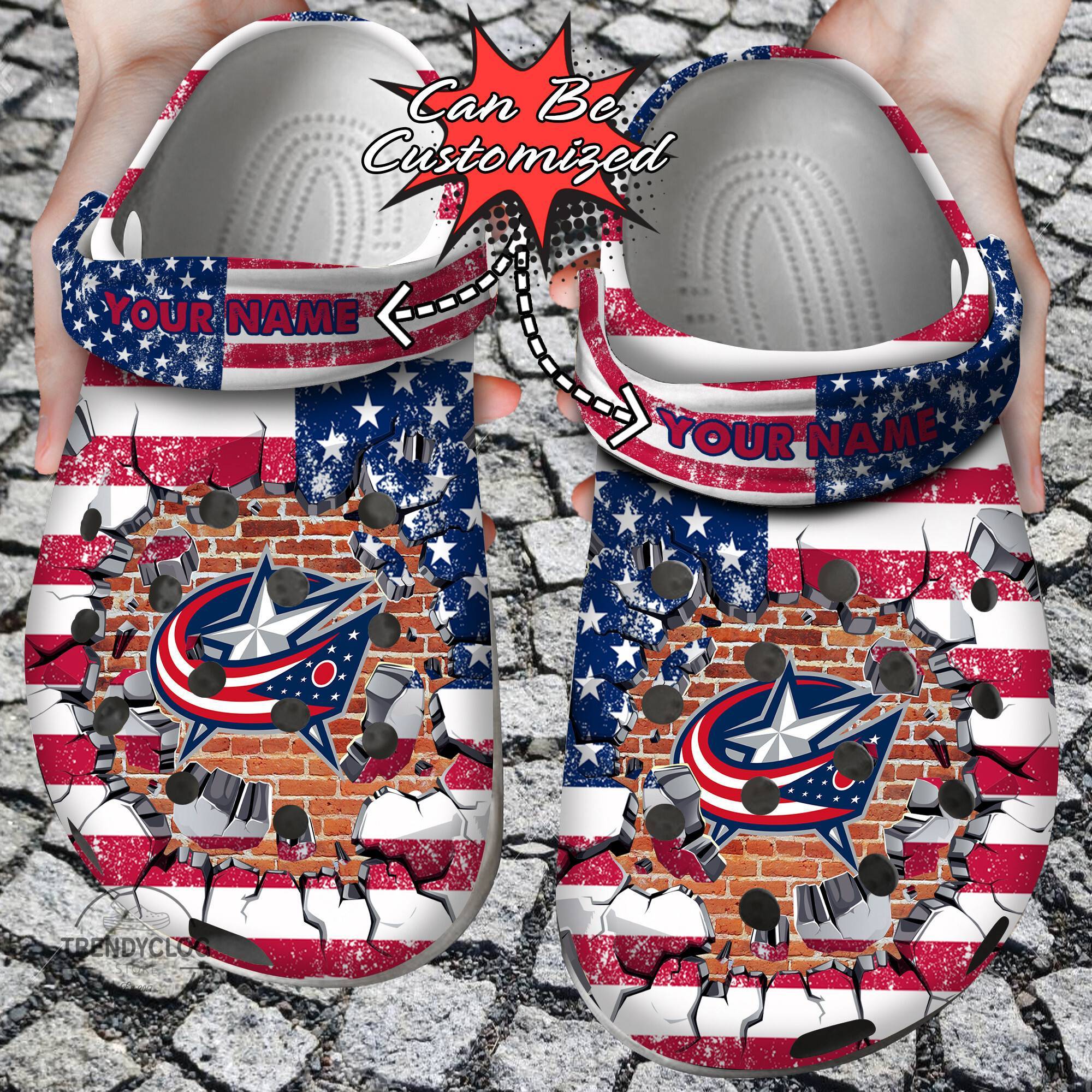 Hockey NHL Crocss Personalized CBlue Jackets American Flag Breaking Wall NHL Clog Shoes