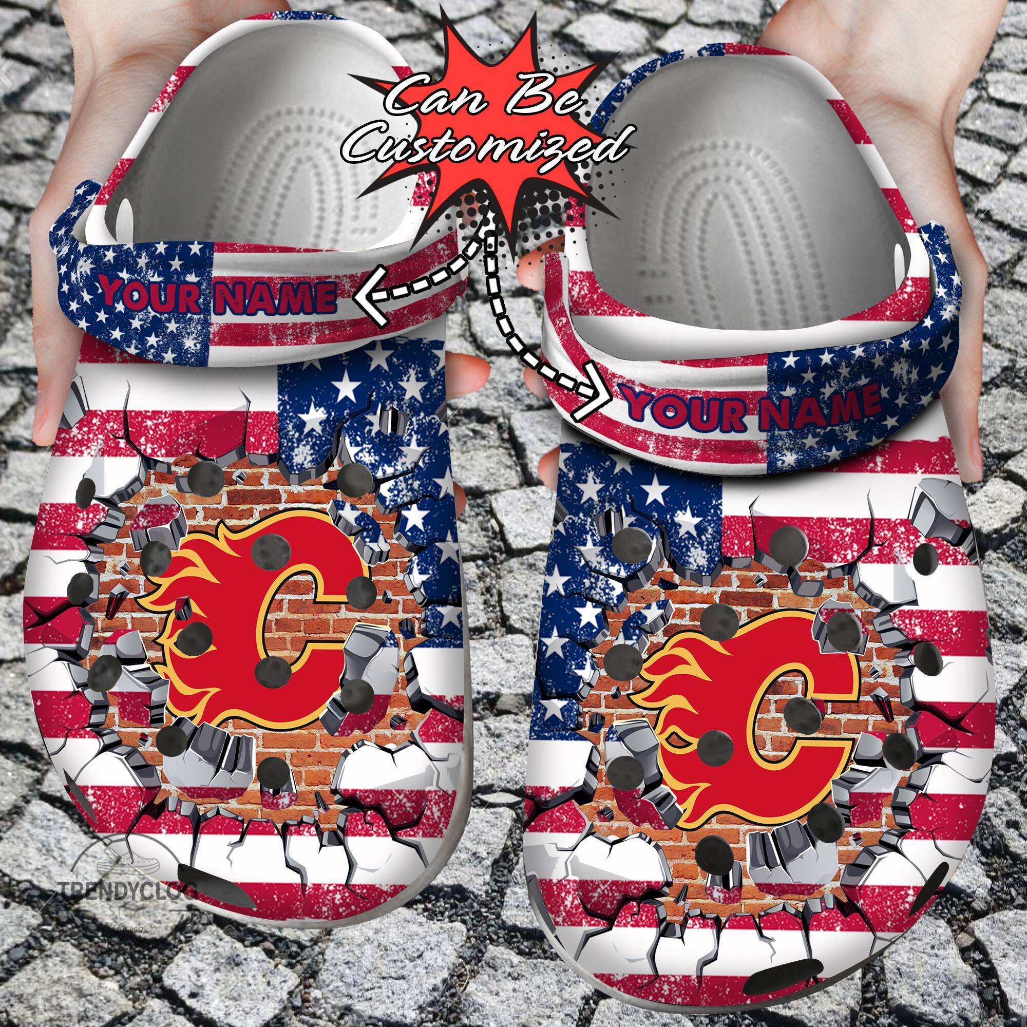 Hockey NHL Crocss Personalized CFlames American Flag Breaking Wall NHL Clog Shoes