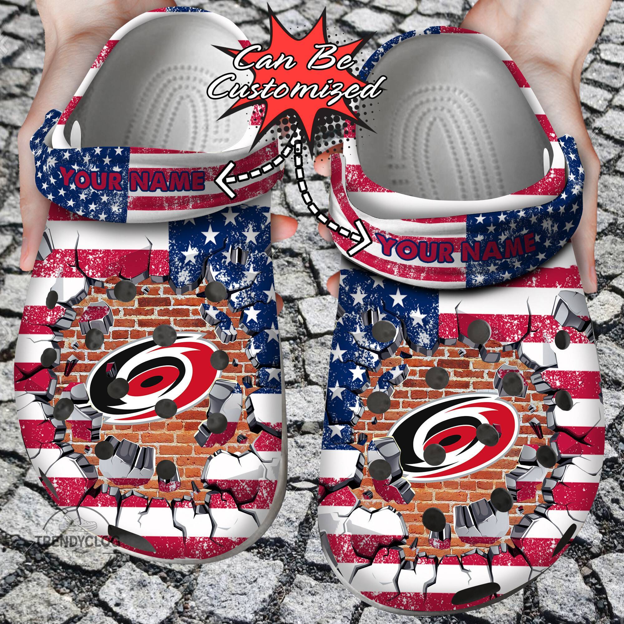 Hockey NHL Crocss Personalized CHurricanes American Flag Breaking Wall NHL Clog Shoes