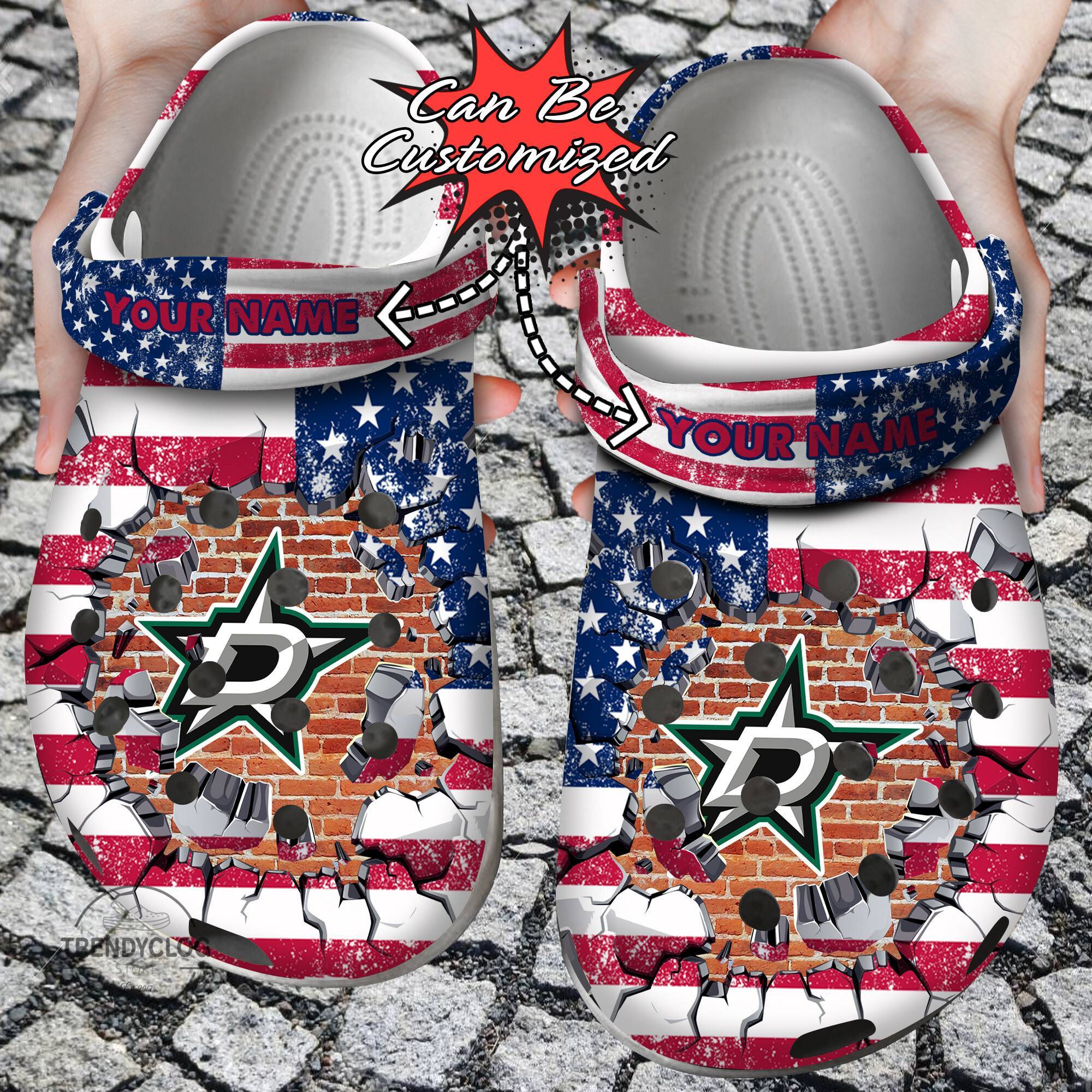 Hockey NHL Crocss Personalized DStars American Flag Breaking Wall NHL Clog Shoes