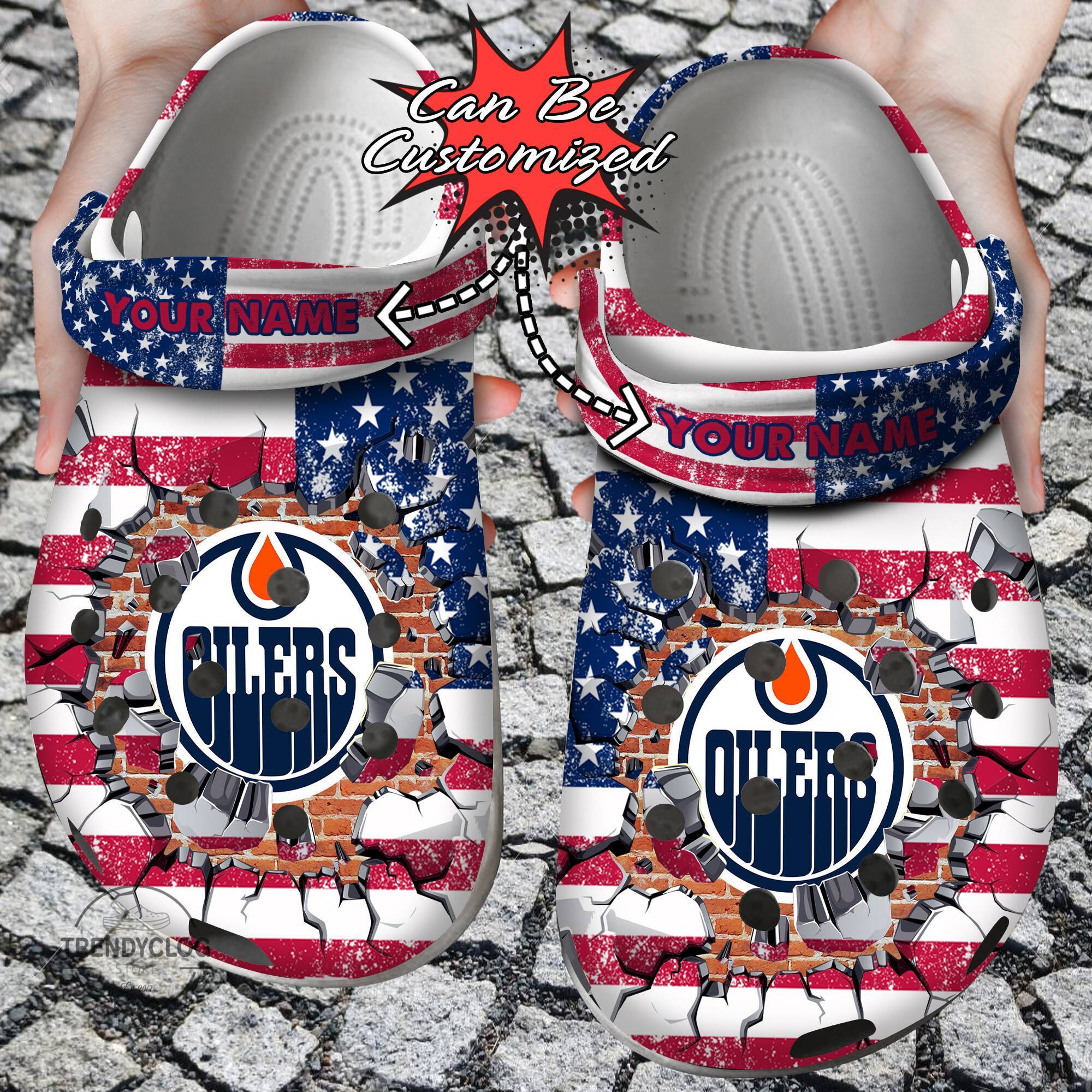 Hockey NHL Crocss Personalized EOilers American Flag Breaking Wall NHL Clog Shoes