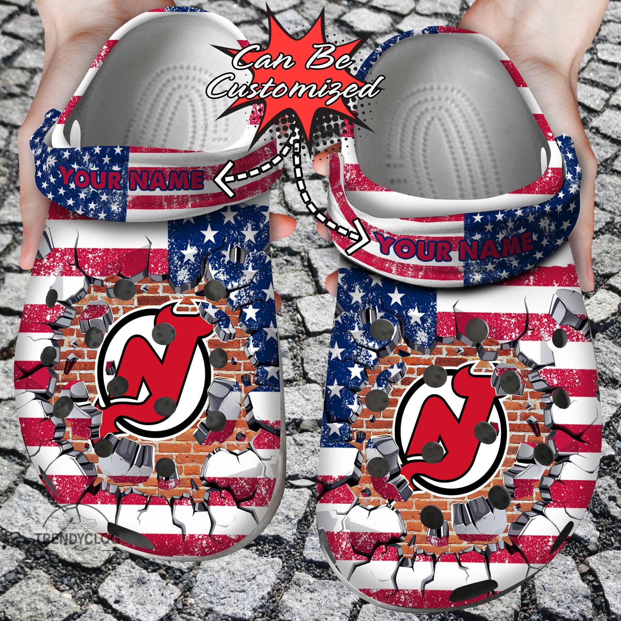 Hockey NHL Crocss Personalized NJ Devils American Flag Breaking Wall NHL Clog Shoes