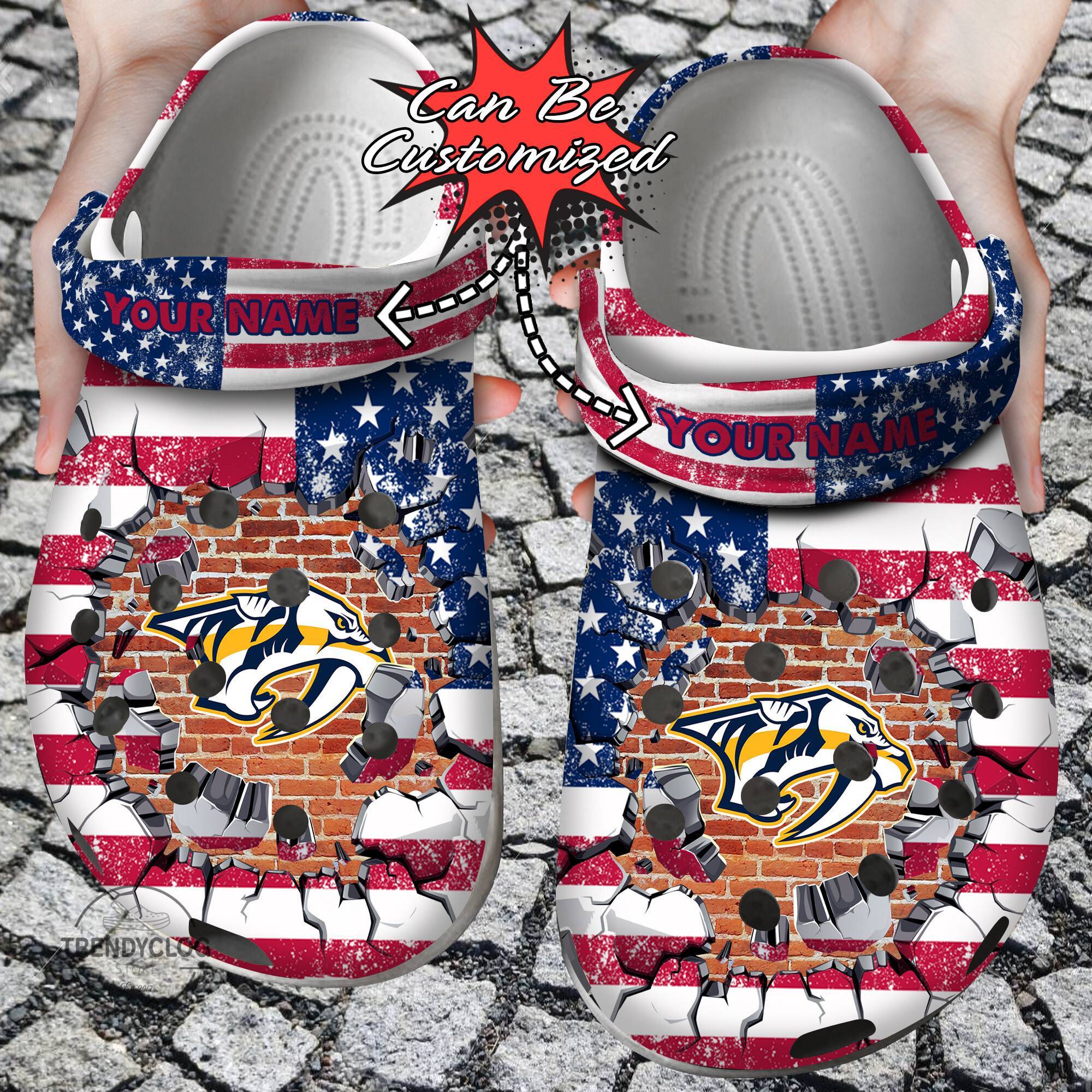 Hockey NHL Crocss Personalized NPredators American Flag Breaking Wall NHL Clog Shoes