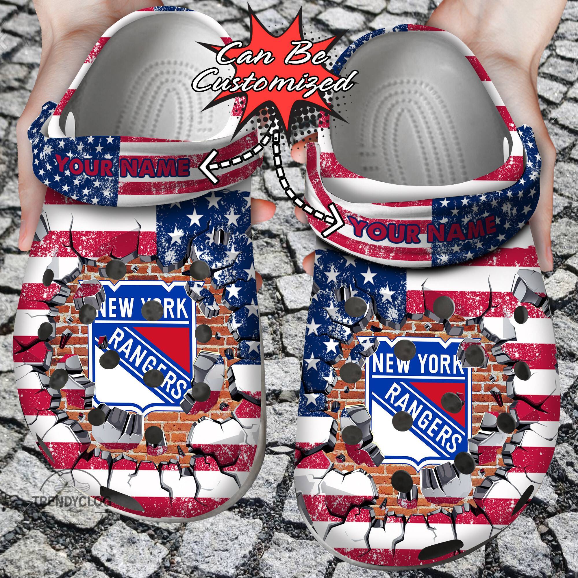 Hockey NHL Crocss Personalized NY Rangers American Flag Breaking Wall NHL Clog Shoes