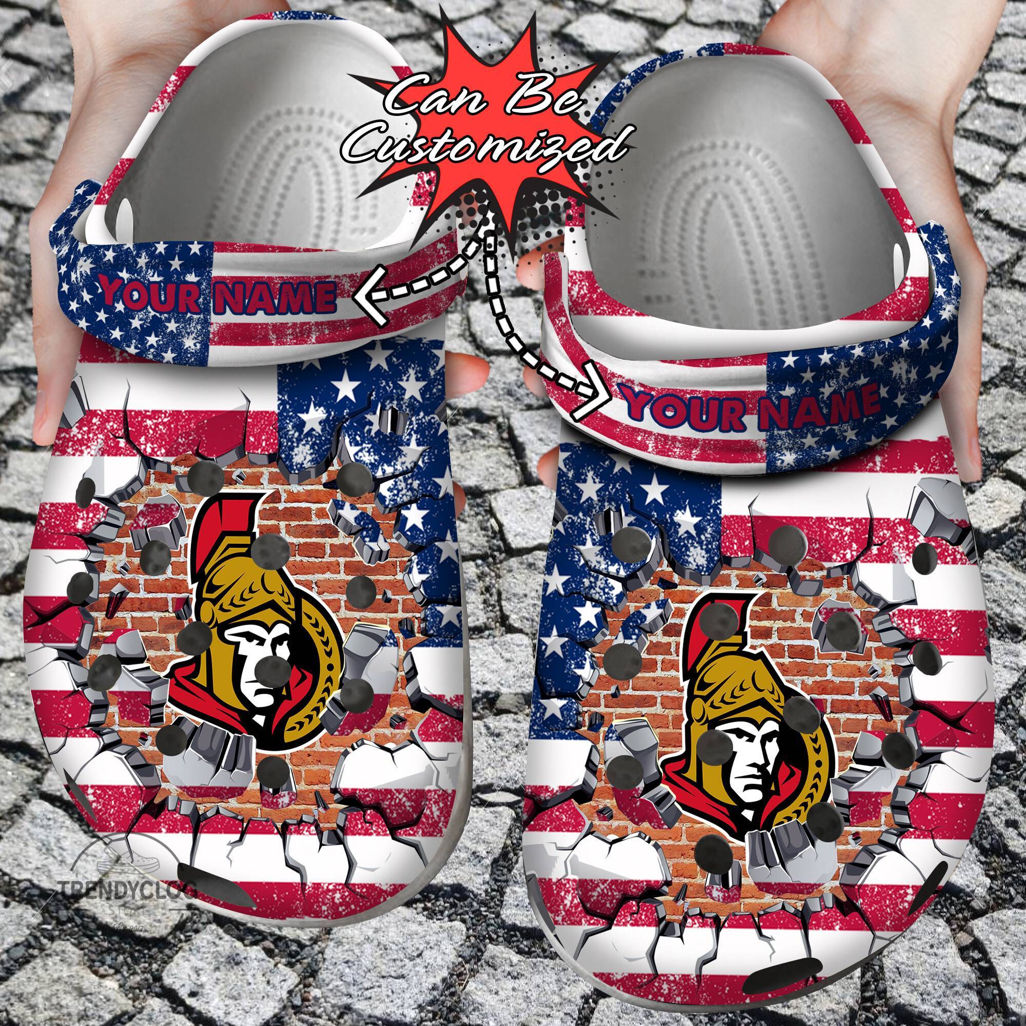 Hockey NHL Crocss Personalized OSenators American Flag Breaking Wall NHL Clog Shoes