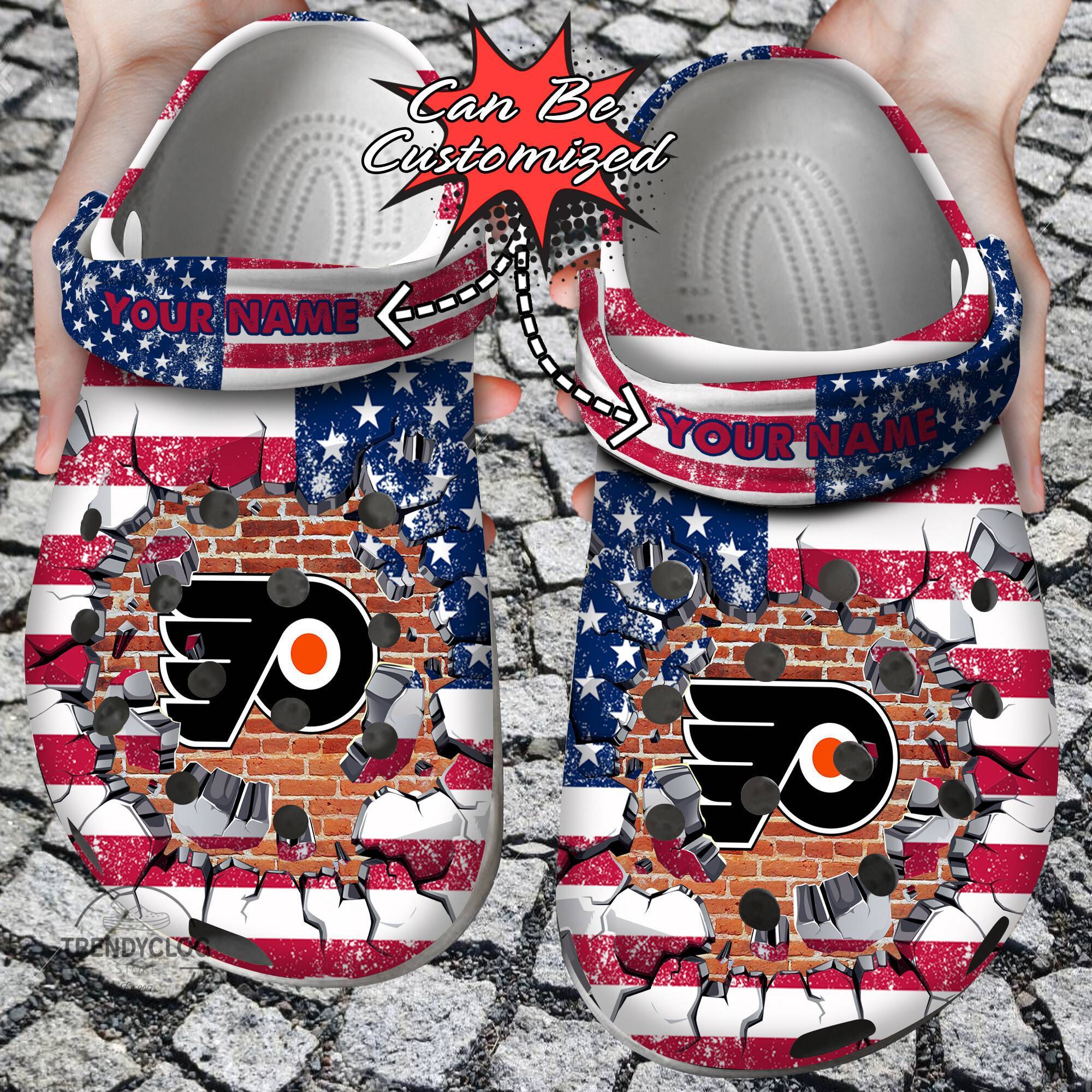 Hockey NHL Crocss Personalized PFlyers American Flag Breaking Wall NHL Clog Shoes