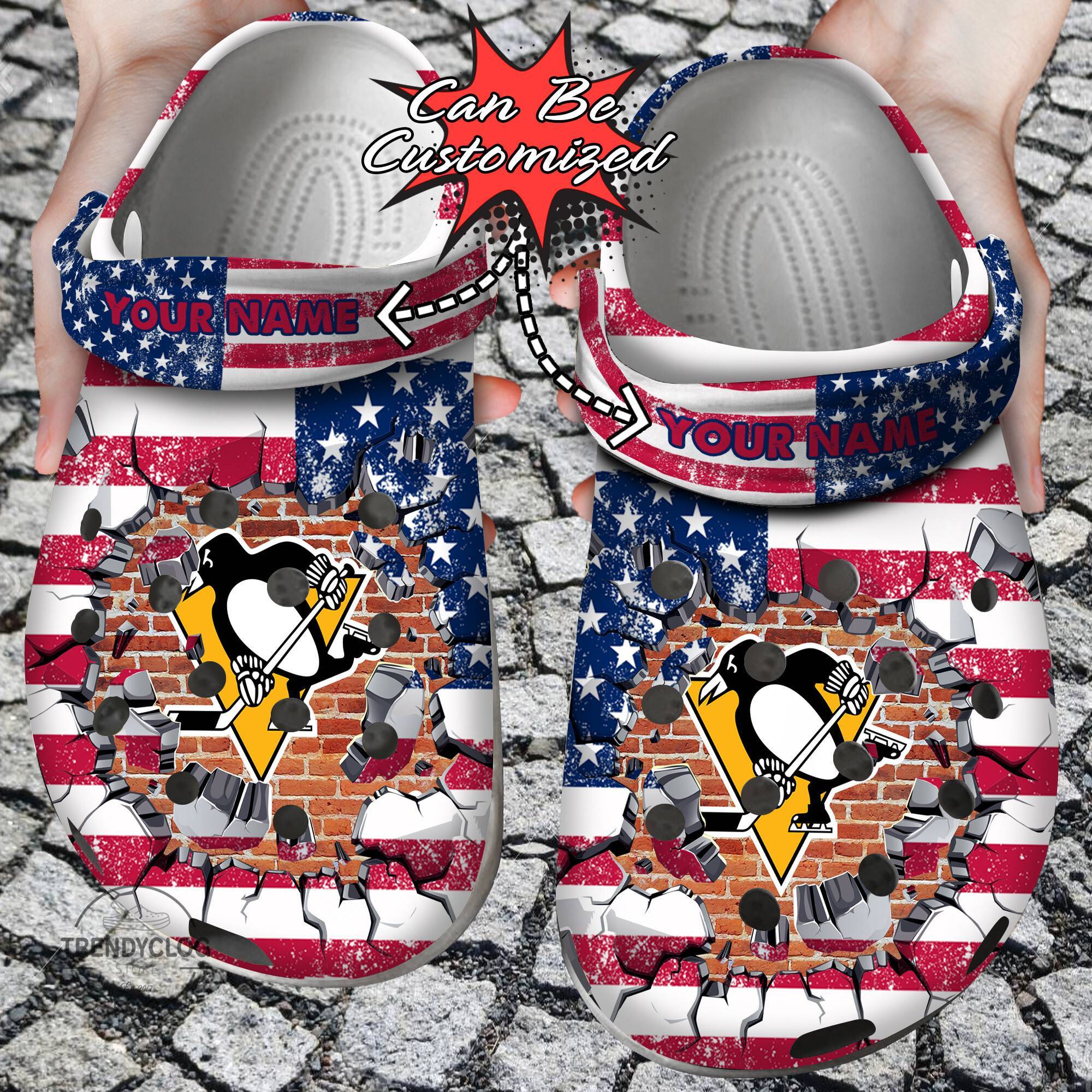 Hockey NHL Crocss Personalized PPenguins American Flag Breaking Wall NHL Clog Shoes