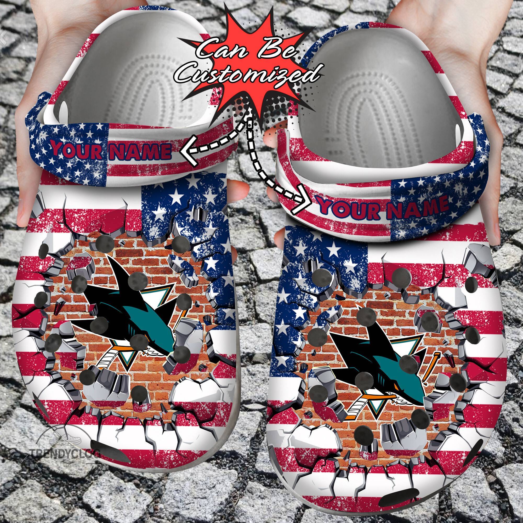 Hockey NHL Crocss Personalized SJ Sharks American Flag Breaking Wall NHL Clog Shoes