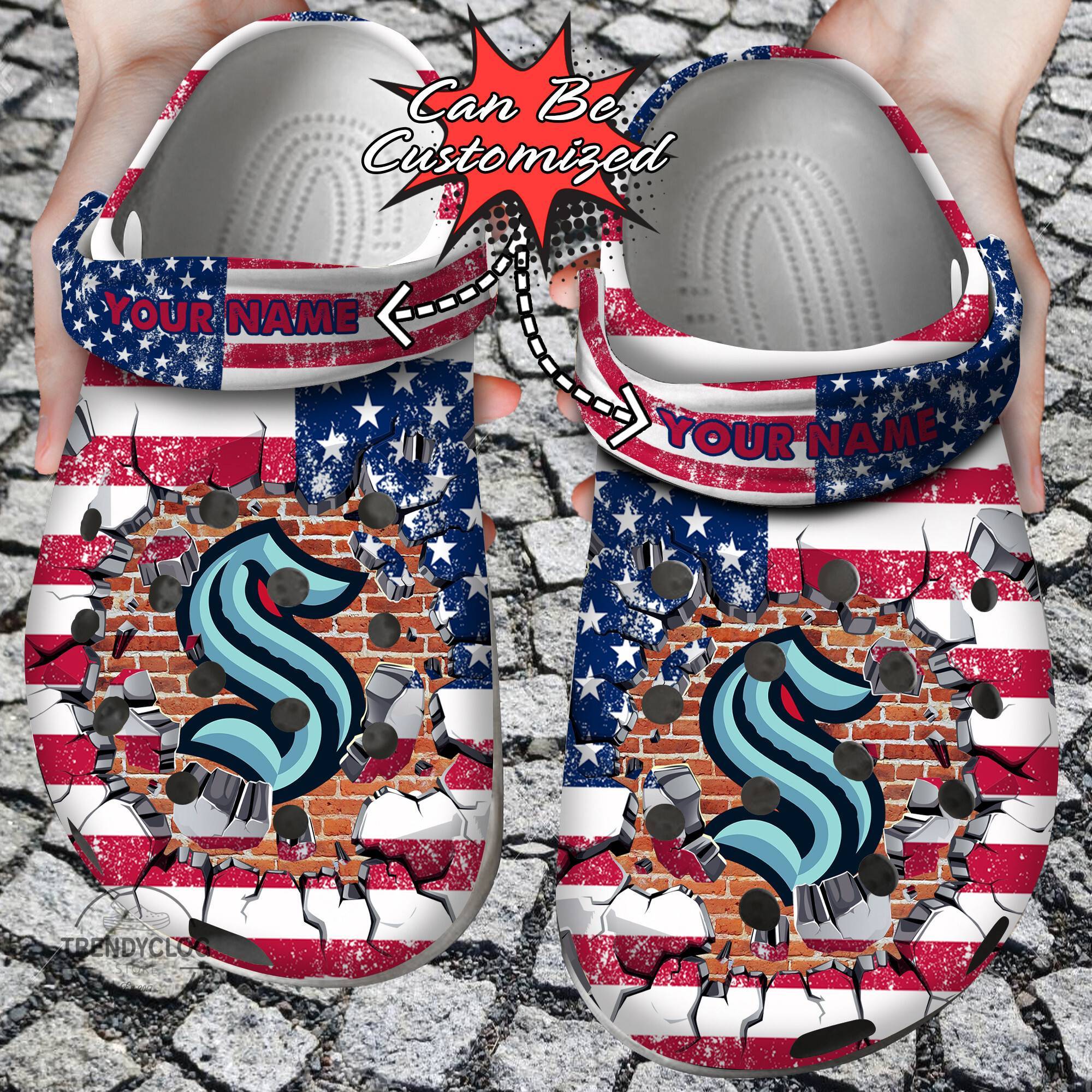 Hockey NHL Crocss Personalized SKraken American Flag Breaking Wall NHL Clog Shoes