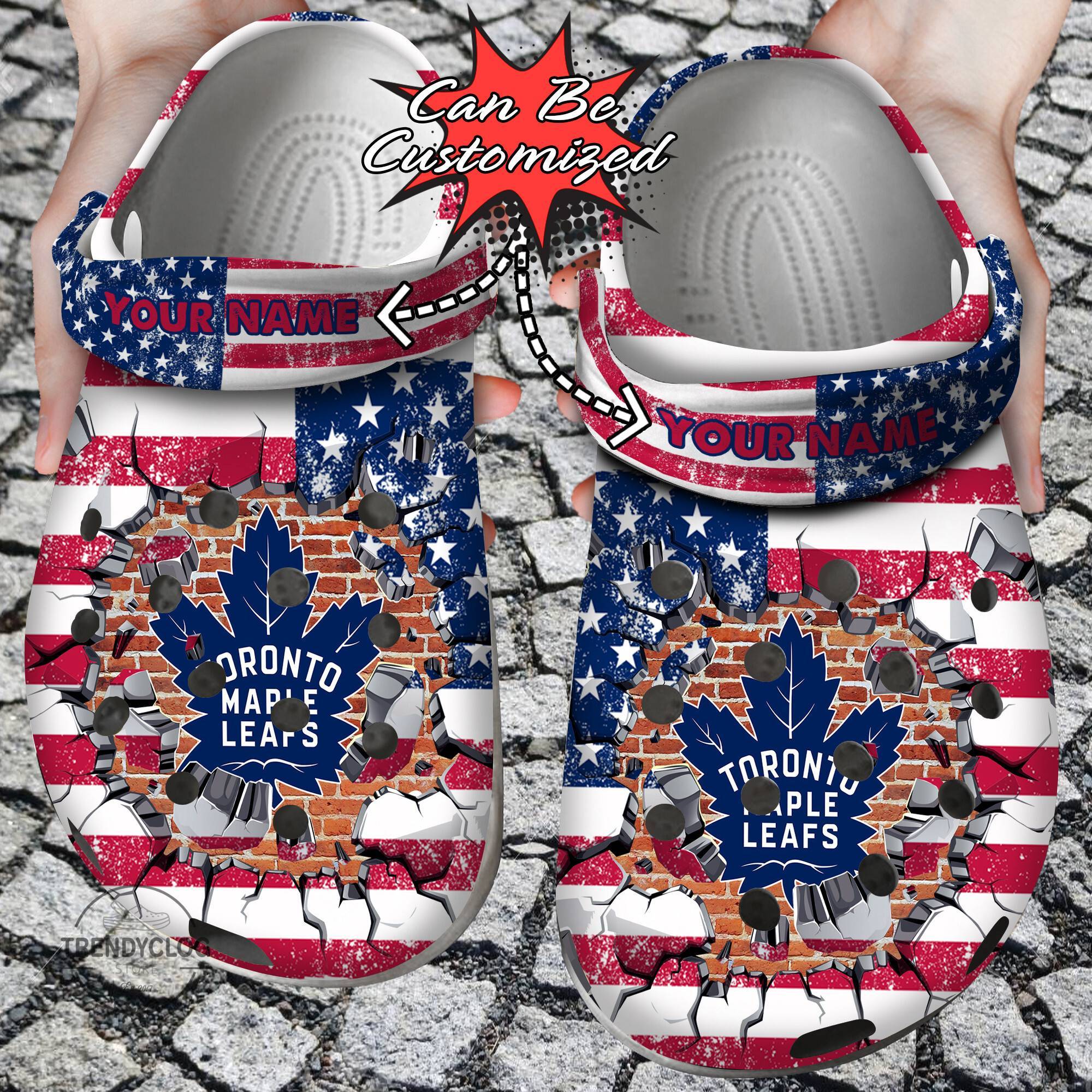 Hockey NHL Crocss Personalized TMaple Leafs American Flag Breaking Wall NHL Clog Shoes