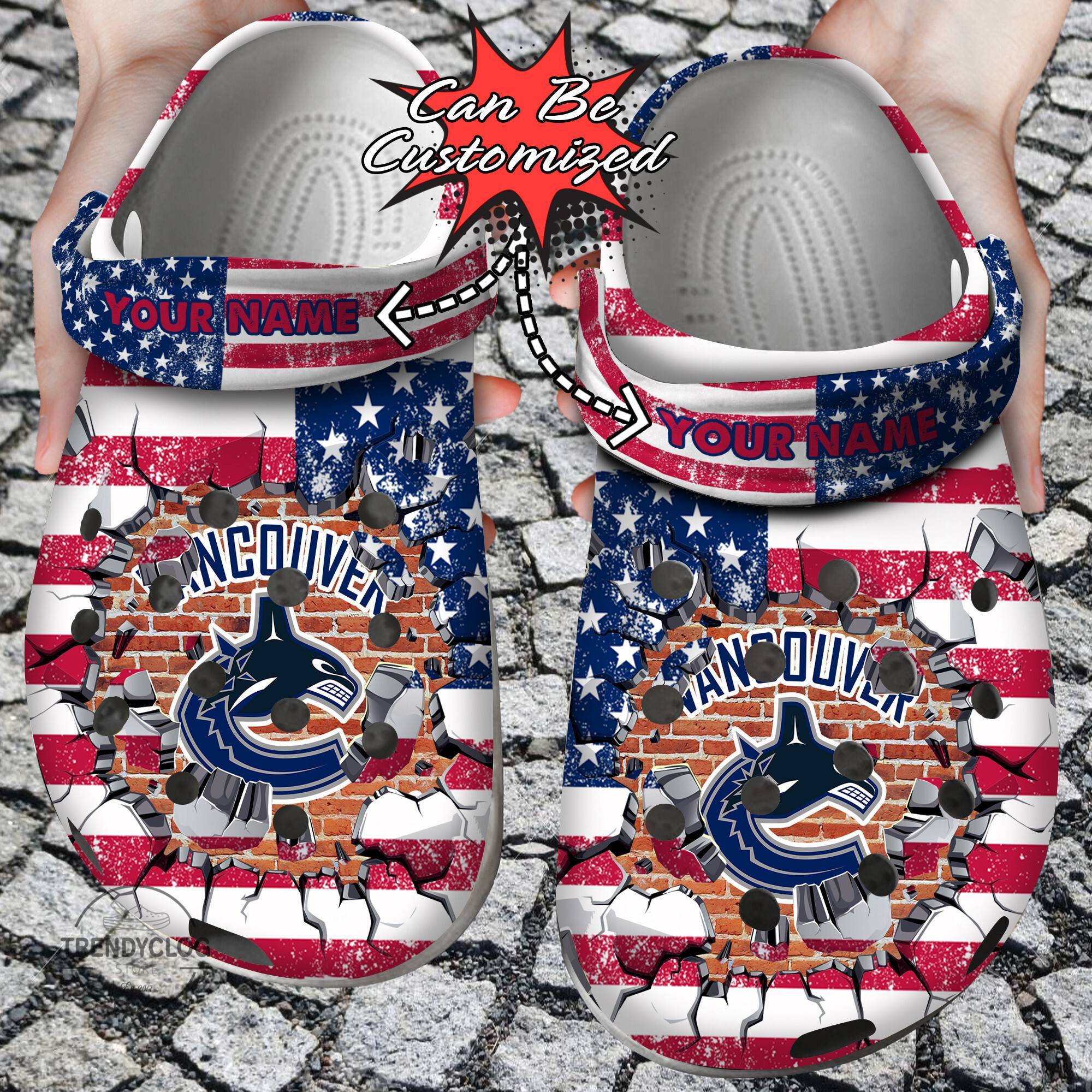 Hockey NHL Crocss Personalized VCanucks American Flag Breaking Wall NHL Clog Shoes