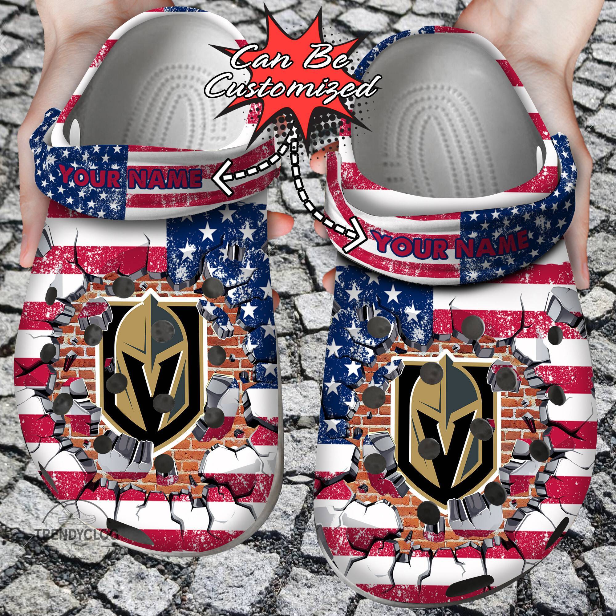 Hockey NHL Crocss Personalized VGolden Knights American Flag Breaking Wall NHL Clog Shoes