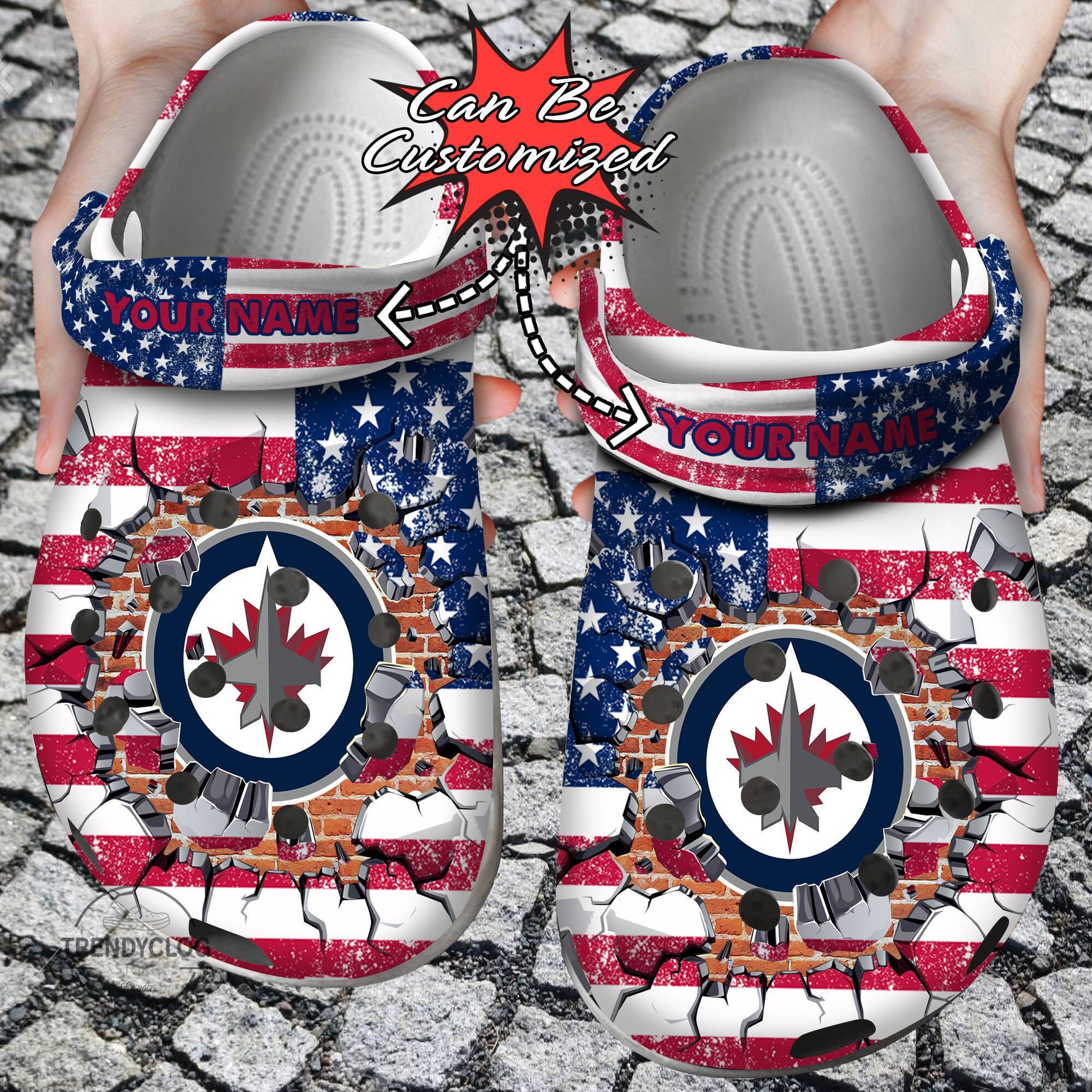 Hockey NHL Crocss Personalized WJets American Flag Breaking Wall NHL Clog Shoes