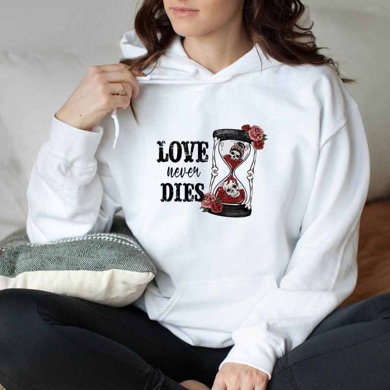 Hourglass Love Never Dies Skull Valentine’s Day Hoodie, Skeleton Hands Rose Hoodie, Valentine’s Day Hoodie, Valentine’s Rose Hoodie