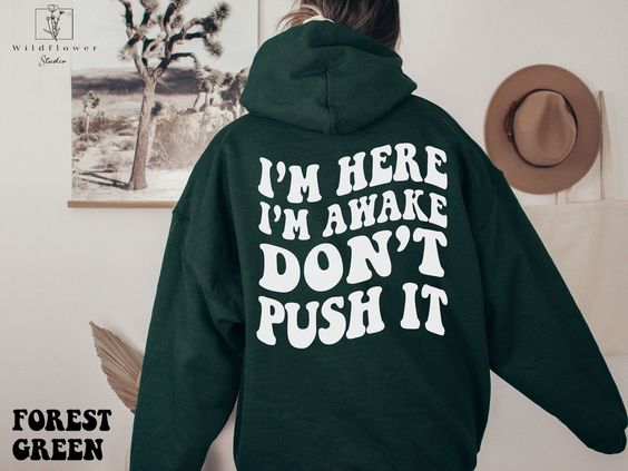 I’m Here I’m Awake Don’t Push It Hoodie, Hoodie with Words On Back, Aesthetic Hoodie, Trendy hoodie, hoodies for women, funny hoodie