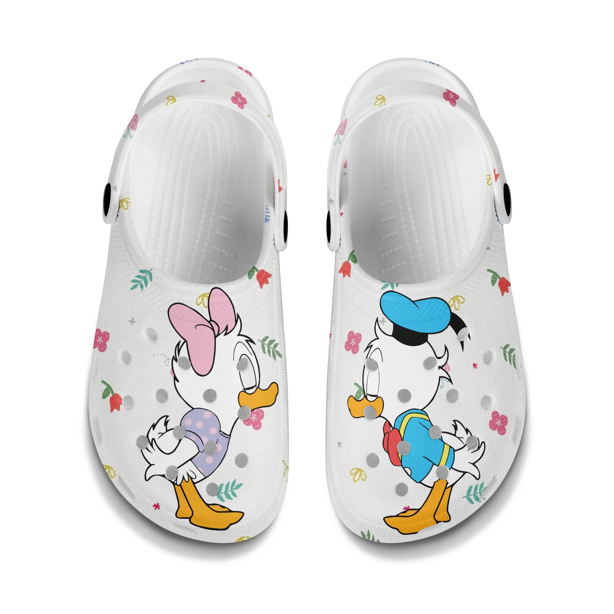 Little Donald Daisy Kissing White Pattern Disney Graphic Cartoon Crocss Shoes, Adult And Kid Crocss, Gift Birthday