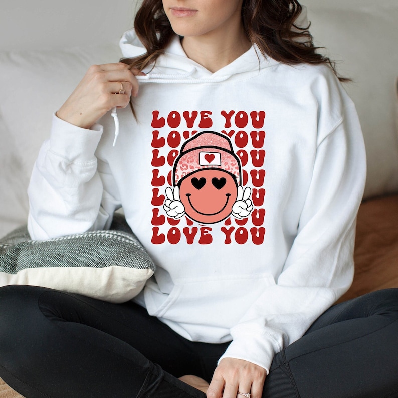 Love You Hoodie, Retro Valentine Hoodie, Smile Face Valentine Hoodie, Love Vibes Hoodie, Valentine’s Day, Retro Love You Hoodie