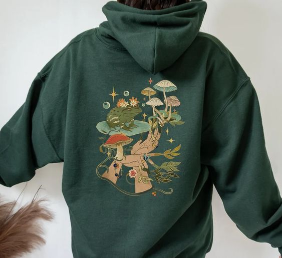 Mushroom Frog Hoodie, Forest Green Hoodie, Back Design,  Witch Aesthetic, Witchy Clothing, Green Witch, Occult Shirt, Alt Clothing