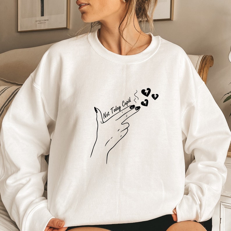 Not Today Cupid Sweatshirt, Anti Valentines Club, Gun Finger Hand Sweater, Love Sucks Sweat, Broken Heart Sweater, Couples Matching Sweat