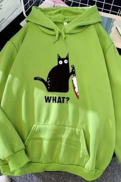 Novelty Womens Hoodie Cat Knife Letter What Printed Knitted Trim Drawstring Long Sleeve Relaxed Fitted Hoodie