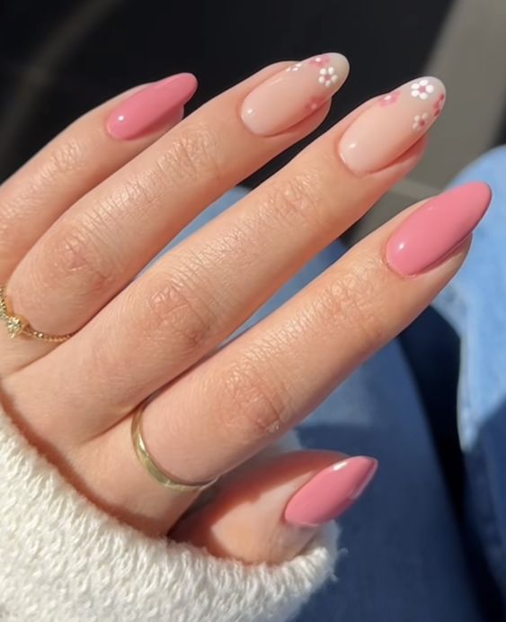 Nude Pink Nail/ Long Almond Flower Nails/ Acrylic Nails/ Press-On Nails