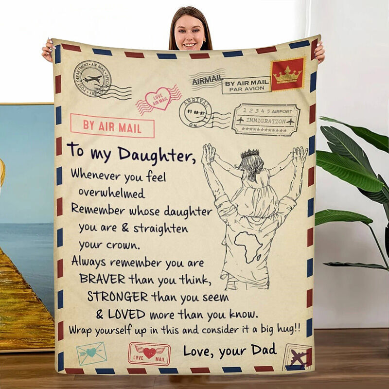 Personalized Air Mail Love Letter Throw  Blanket to Daughter Big Hug from Dad, Fleece Blanket Gift, Gift for Daughter