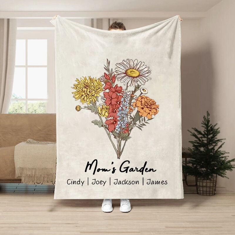 Personalized Birth Flower Blanket with Custom Name And Background Color Retro Style Gift for Best Mom, Fleece Blanket Gift, Gift for Mom