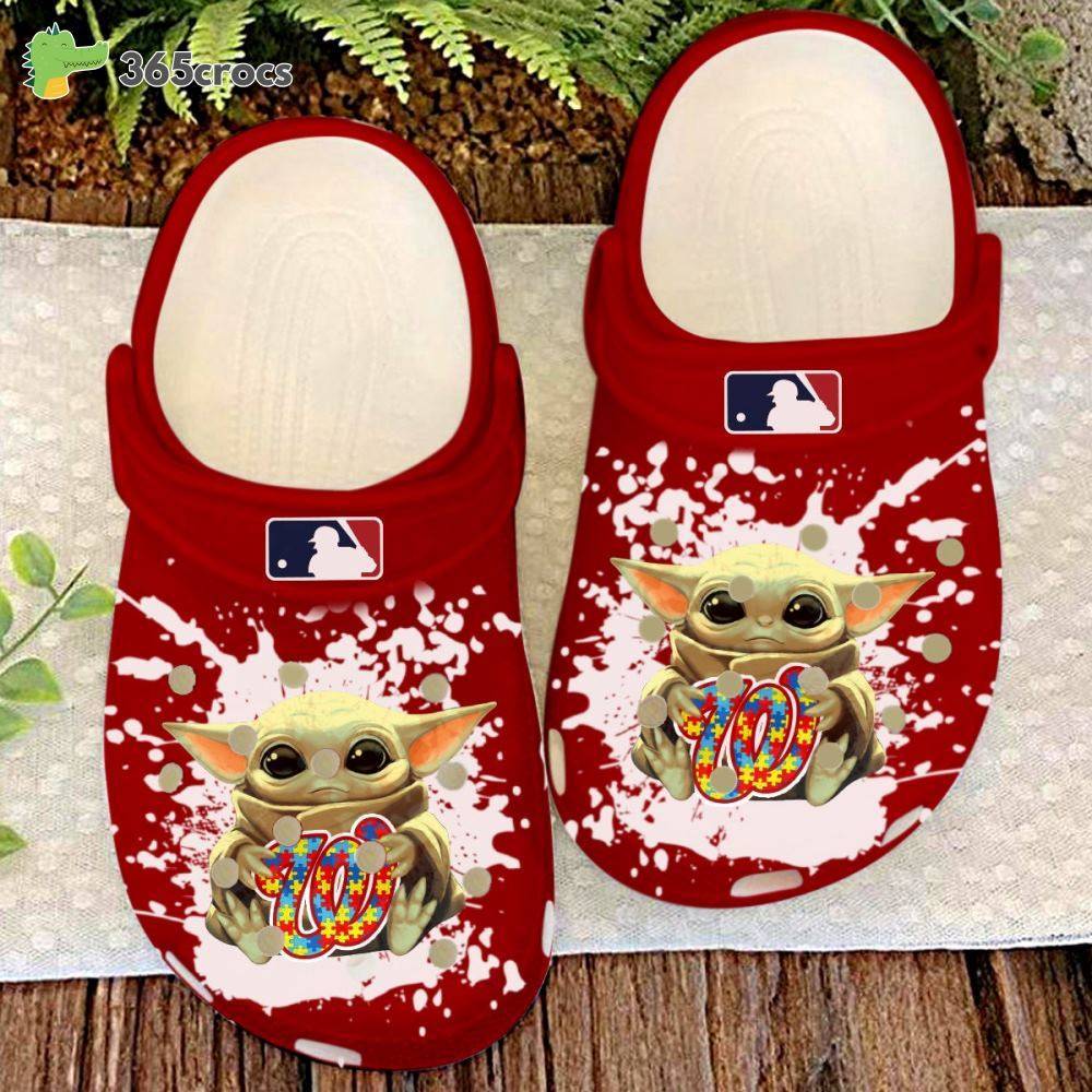 Personalized Mlb Baseball Washington Nationals Baby Yoda Autism Awareness Crocss Clog Shoes
