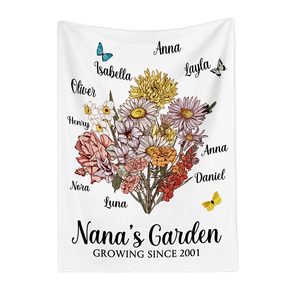 Personalized Mom’s Garden Fleece Blanket with Name & Birth Flower, Floral Garden Blanket, Birthday/Mother’s Day Gift for Mom/Grandma from Kids/Grandkids