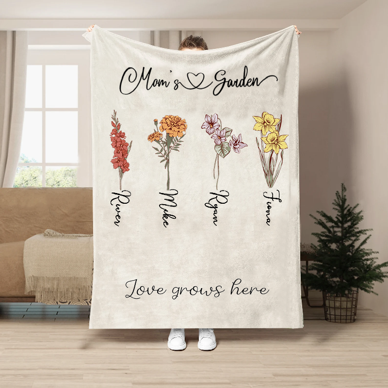 Personalized Name And Birth Flowers Blanket with Custom Backgroud Color Precious Gift for Best Mom, Fleece Blanket Gift, Mothers Day Gift