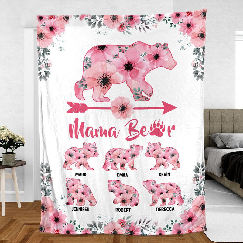 Personalized Name Blanket with Cute Pink Bear Pattern Creative Gift for Mother, Fleece Blanket Gift, Mothers Day Gift, Gift for Mom