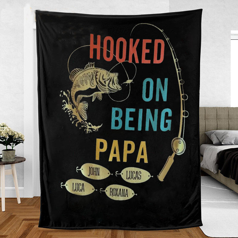 Personalized Name Blanket with Fishing Pattern Interesting Gift for Daddy “Hooked On Being Papa”, Fleece Blanket Gift, Fathers Day Gift, Gift for Dad