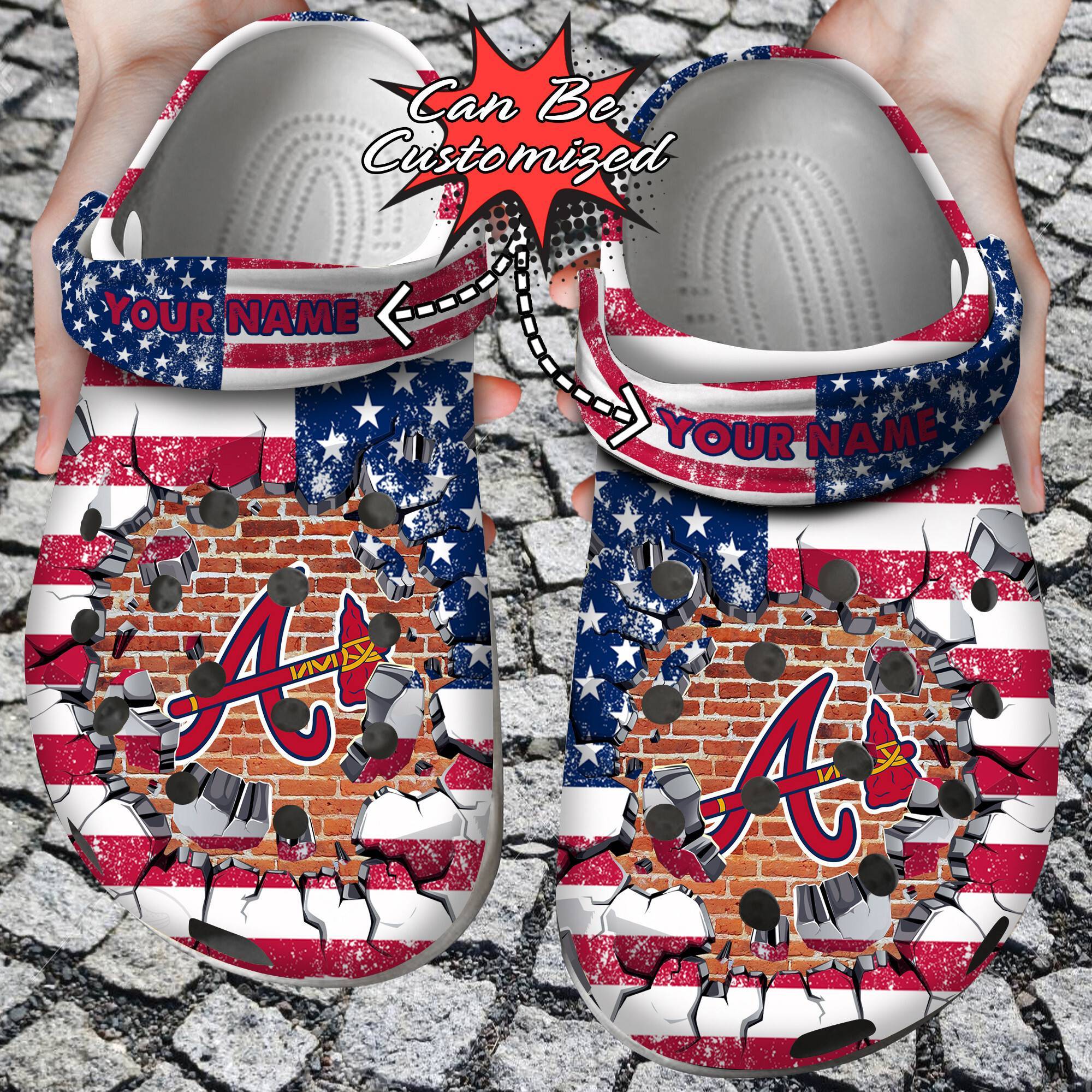 Personalized Name Logo Baseball Team American Flag Breaking Wall Crocss Clog Shoes