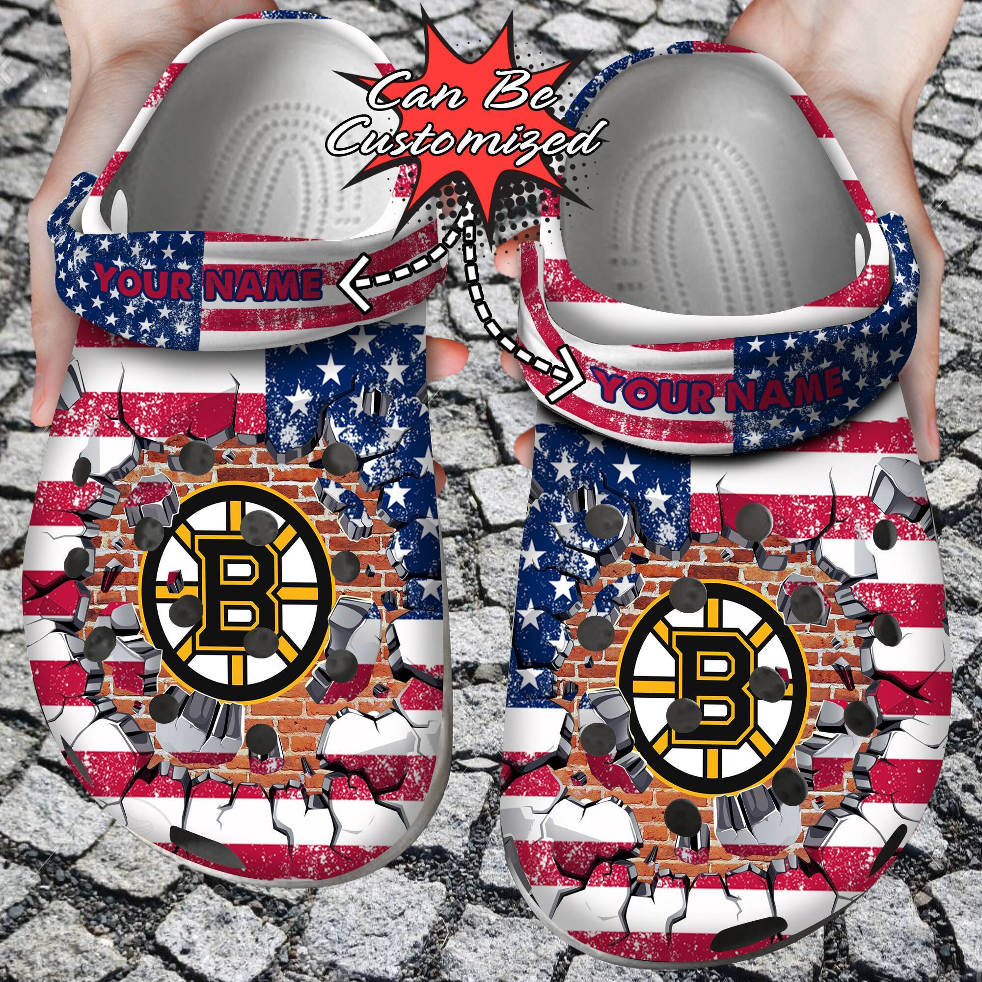 Personalized Name Logo Hockey Team American Flag Breaking Wall NHL Crocss Clog Shoes