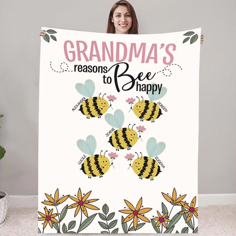 Personalized Name Lovely Bee Pattern Blanket Best Gift for Dear Grandma, Fleece Blanket Gift, Mothers Day Gift, Gift for Grandma