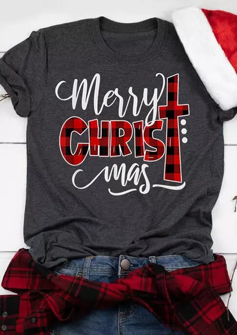Plaid Merry Christmas T-Shirt Tee – Deep Grey