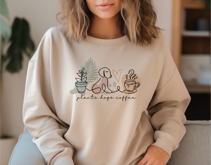 Plants Dogs Coffee Sweatshirt, Dog Mom Gift, Plant Mom Gift, Crazy Plant Lady, Plant Lover Gift, Gift for Coffee Lover, Bohemian Shirt