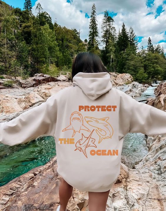 Protect the,Retro Shark Hoodie, Summer Beach Respect the Ocean Sweatshirt Locals Hoodie, Tumblr Trendy Sweatshirt Aesthetic Oversized Hoodie