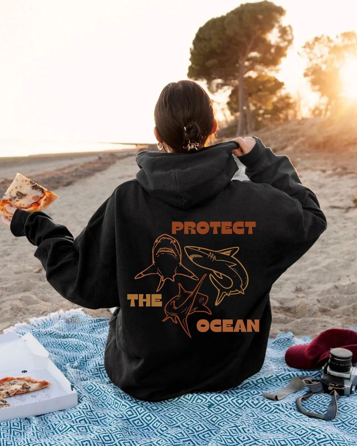 Protect the,Retro Shark Hoodie, Summer Beach Respect the Ocean Sweatshirt Locals Hoodie, Tumblr Trendy Sweatshirt Aesthetic Oversized Hoodie, Black